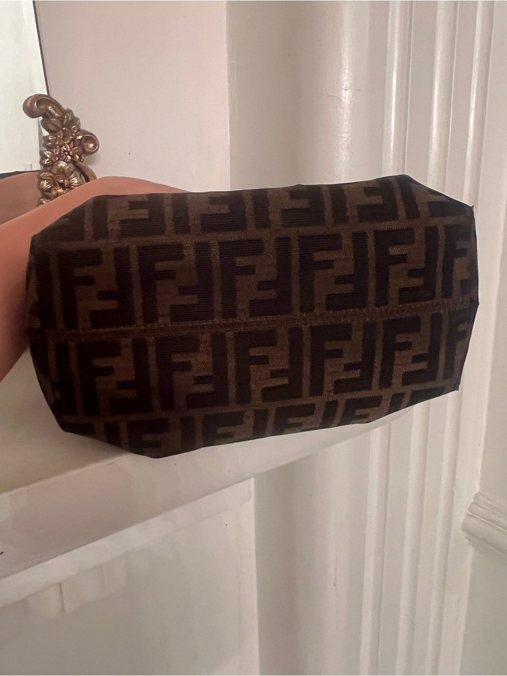 Fendi Brown and Black FF Monogram Pleated Shoulder Bag mini with Gold Charm - Picture 4 of 10